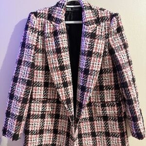 Zara Women's Checkered Tweed Blazer - Black, White, Red